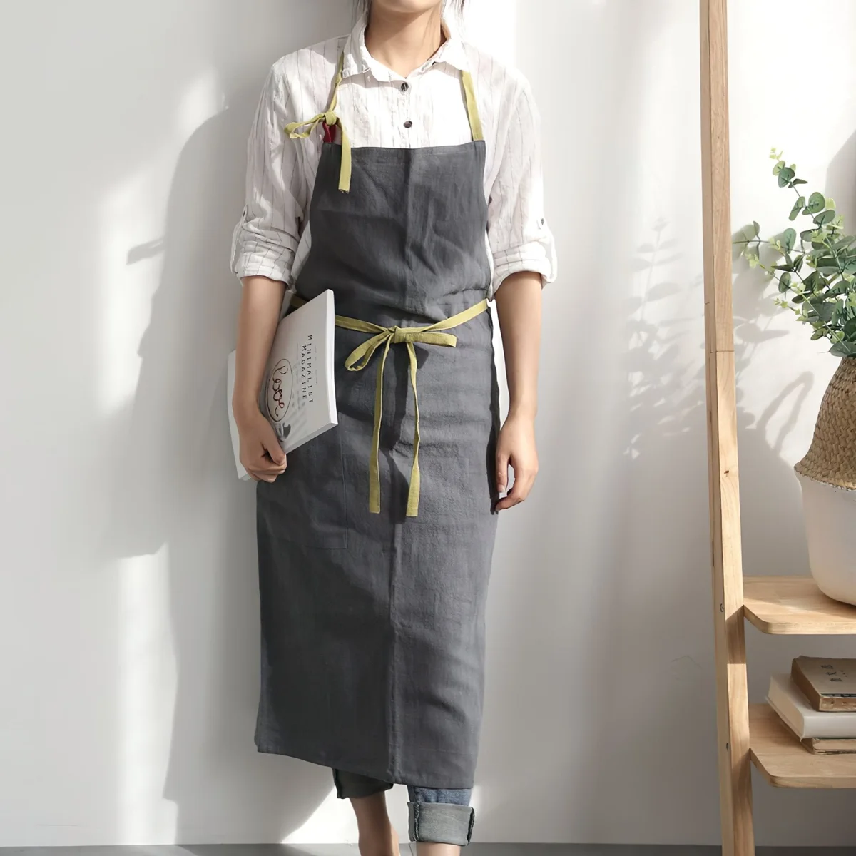 Full-length Hanee charcoal classic linen apron with adjustable neck strap and contrast waist ties